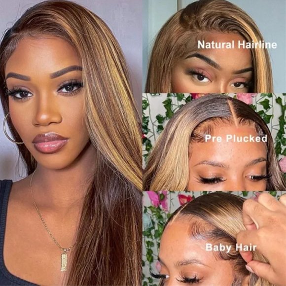 Straight Honey Blond Highlight Lace Front Virgin Human Hair Wigs - Picture 4 of 7